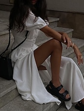 economico Abiti casual bianchi-Per donna Abito Midi Abito Bianco Moda Moderno Compleanno Ferie Laurea Vestibilità regolare Semplice Manica Corta Scollo a V Nero Bianco Estate