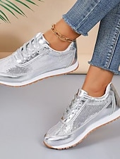 ieftine Adidași de Damă-Pentru femei Adidași Pantofi de confort În aer liber Zilnic Călătorie Broderie Pană Vârf rotund Modă Casual Confortabili Luciu Piele PU metalizată Dantelat Argintiu Negru Auriu