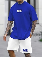 cheap Men&#039;s Tracksuit &amp; Hoodie-Men&#039;s Tracksuit Outfit Set Shorts Crew Neck Outdoor Daily Sports Pocket Drawstring 2 Piece Color Block Letter Black White Blue Polyester Activewear Classic Casual Summer