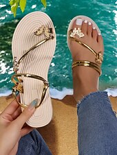 cheap Vacation Sandals-&quot;Women&#039;s Butterfly Sandals – Elegant Gold Strappy Flat Sandals with Rhinestone Accents, Comfortable Beach Flip-Flops for Summer, Vacation and Casual Wear&quot;