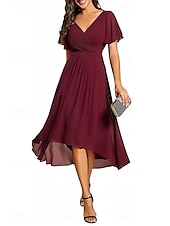 baratos Vestidos para Madrinhas-Linha A Vestido de Madrinha Decote V Manga Curta Elegante Assimétrico Chiffon com Franzido 2022