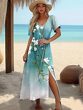 abordables Vestido Floral-Vestido Maxi de Mujeres Vestido de Camiseta Vestido de Tee Vestido de Playa Vestido de Cambio Vestido de Verano Elegante Bohemio Tropical Vacaciones Fiesta Holiday Corte Regular Gráfico Vintage