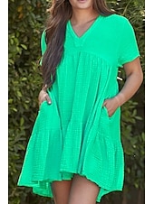 economico disegnare abiti in cotone e lino-Per donna Mini Abito Abiti ispirati al lino Abito in cotone e lino Moda Essenziale Classico Ferie Uscire Weekend Vestibilità regolare Semplice Manica Corta Scollo a V Arancione Oro Verde Azzurro