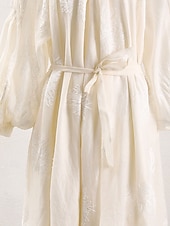 abordables Longueur du thé-Robe Mère de la Mariée Élégante Vintage Simple Décolleté en V Longueur Thé Mélange de Coton Manches Longues avec Broderie Robe Midi Robe d&#039;Invitée de Mariage