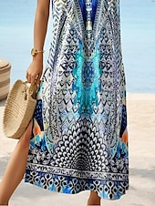 billige Boho-kjoler-Dame Midikjole Solkjole Kjole med A-linje Ferie Fritid Bohem Sommerfugl Feriereise Strand Normal Nyanse Grafisk Paisly Kortermet Crewneck Blå Sommer