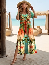 olcso Boho ruhák-Női Maxi Ruha Fekete Ruha Hosszú Ujjú Boho Ruha Elegáns Bohemia Vakáció Lepke Ujjú Vakáció Tengerpart Rendszeres Illeszkedés Virágos Grafika Rövid Ujjú Kerek Nyak Málnaszín Fehér Sárga Világos Zöld