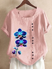 voordelige Overhemden-Dames 100% katoenen blouse bloemenprint vintage casual korte mouw ronde hals normale tops dagelijks uitgaan knopen print gras groen wit roze blauw paars zomer lente