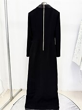 preiswerte Mamas Kleider-Kleid Mutter der Braut Kleid Elegant Partykleid Schwarzes Hemdkragen Bodenlänge Polyester Langärmel mit Kristallperlen