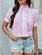 voordelige Dames eenvoudige tops-Dames Overhemd Gestreept Stijlvol Casual Korte mouw Overhemdkraag Normale tops Dagelijks Ruche Knop Afdrukken Wit Blozend Roze blauw Groen Zomer