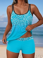 billiga Tankinis-Kvinnors Baddräkter Tankini 2 Delad Shorts Baddräkt Rygglös Semester Strand Kläder Ombre Grafisk U-Hals Ärmlös Badkläder