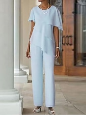 preiswerte Hosenanzüge für Mama-Zweiteiliger Jumpsuit  Hosenanzug Brautmutter Hochzeitsgast Elegant Plus Size Schmuckkragen bodenlang Chiffon kurze Ärmel mit kaskadierenden Rüschen