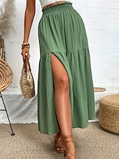abordables Jupes unies-Femmes Jupe Évasé Mode Occasionnel Maxi Taille haute Jupes Couleur Unie A Volants Fendu Micro-Élastique Décontracté Quotidien Week-end Noir Bleu Vert Été Polyester