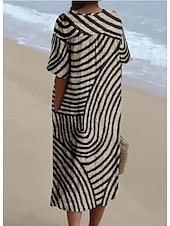 preiswerte Streifen- und geometrisches Kleid-Damen Midikleid Sommerkleid A Linie Kleid Urlaub Lässig Strand Ausgehen Lässiger Schnitt Grafik Geometrisch Kurzarm V Ausschnitt Weinrot Orange cremefarben Dunkelgray Sommer