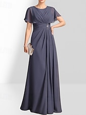 billige Gulvlengde-A-linje Mor til bruden Kjole Bryllupsgjester Elegant Crew Hals Gulvlengde Chiffon Korte Ermer med Pynt Rynking