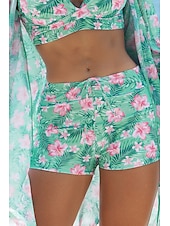 abordables Maillots de bain trois pièces-Femmes Maillots de Bain Trois Pièces Shorts Maillot de bain Tropical Tenues de plage Fleur Fil en V manche longue Maillots de bain