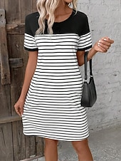 ieftine Rochii cu dungi și geometrice-Rochie Mini pentru Femei Rochie Tip Tricou Rochie Tip Shift Rochie de Vară Formală Vacanță Muncă Zile Zilnice Regular Fit Grafic Dungi Mâneci Scurte Gât Rotund Negru Vara Primăvară