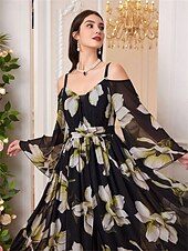 preiswerte Unter 129,99 $-Kleid Mutter der Braut Kleid Elegant Lässig V-Ausschnitt Bodenlange Chiffon Langarm mit Band  Bänder Falten Hochzeitsgast Kleid