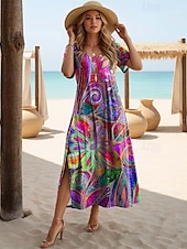 cheap Art&amp;Design Dress-Women&#039;s Midi Dress Sundress A Line Dress Vacation Casual Boho Butterfly Sleeve Vacation Going out Regular Fit Floral Graphic Rainbow Short Sleeve Crewneck Light Purple Purple Rainbow Summer