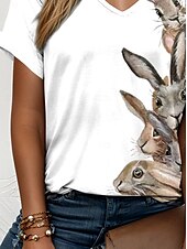 cheap Animals tee-Easter Women&#039;s T Shirt Graphic Animal Elegant Vintage Casual Short Sleeve V Neck Regular Tops Daily Weekend Vacation Wear Print White Summer