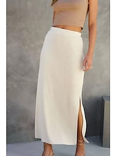 お買い得  シフォンスカート-女性用 スカート ボディコン カジュアル ミディ ミッドライズ スカート 平織り スプリットエンド マイクロエラスティック ストリート お出かけ ブラック ホワイト キャメル 夏 ポリエステル