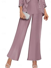 preiswerte Hosenanzüge für Mama-Hosenanzug Brautmutterkleid Hochzeitsgast Elegant Einfach Rundausschnitt Bodenlang Polyester Langarm mit Einfarbig 2025