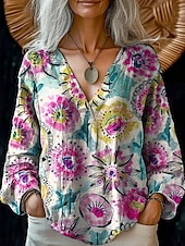 economico Top Boho da Donna-Blusa da donna con bottoni Grafica floreale di stile casual spiaggia a maniche corte scollo a V Top regolari quotidiani stampa Rosa Marrone chiaro Marrone Verde Estate Primavera