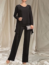 cheap Floor Length-Jumpsuit / Pantsuit 3 Piece Mother of the Bride Dress Wedding Guest Elegant Crew Neck Floor Length Chiffon Long Sleeve with Beading