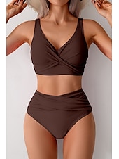 abordables Ensemble de bikinis-Femmes Maillots de Bain Bikini Maillot de bain Froncé Taille haute Tropical Tenues de plage Uni Fil en V Sans manches Maillots de bain