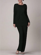 voordelige Broekpakken van mama-Strand Bruiloft Twee Delige Jumpsuit  Pantsuit Moeder van de Bruid Bruiloft Gast Elegante Plus Size Juweel Hals Vloerlengte Chiffon Lange Mouw met Strik(ken) Rimpelingen 2025
