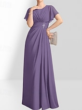 billige Gulvlengde-A-linje Mor til bruden Kjole Bryllupsgjester Elegant Crew Hals Gulvlengde Chiffon Korte Ermer med Pynt Rynking