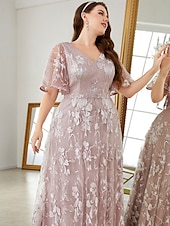 preiswerte Unter 129,99 $-Plus Size Kleid Mutter der Braut Kurvenkleid Elegantes V-Ausschnitt Bodenkleider Spitze Kurzarm mit Spitze 2025