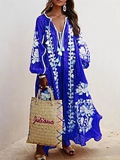 billiga Boho-klänning-Dam Midiklänning A linjeklänning Puffärmsklänning Semester Födelsedag Semester Fest Grafisk Långärmad V-hals Rubinrött Blå Himmelsblå Orange Vår Höst