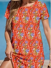 halpa Boho-mekot-Naisten Mini Mekko A-linjainen Mekko T-Paita Mekko Tee Mekko Kesämekko Vapaa-aika Päivittäinen Säännöllinen Sopii Kukka Grafiikka Lyhyt Hiha Pyöreä Kaula Punainen Kesä Kevät