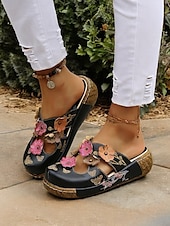 preiswerte Urlaubsandalen-Damen-Clogs aus geblümtem Leder – handgefertigte Slip-On-Pantoletten mit Keilabsatz und Cut-out-Design im Bohème-Stil für Freizeitkleidung und Komfort im Freien