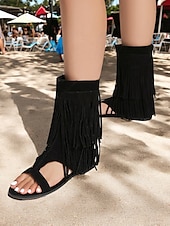 billiga Semester Sandaler-gladiatorsandaler med boho-fransar för kvinnor – platta sandaler med öppen tå och tofsdetaljer för sommarstrandkläder, festivaler och vardagliga outfits