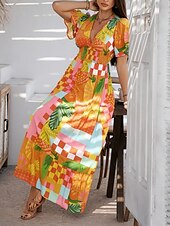 levne Umění a design šaty-Dámské maxi šaty A-line šaty vypasované a rozšířené šaty šaty s nadýchanými rukávy volnočasové dovolená denní běžné střih květinové krátký rukáv V výstřih bílé růžové fialové oranžové léto