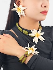 billige Halskjede for kvinner-blomstersmykkesett for kvinner – håndlaget statement-kjede, øredobber og armbånd med hvit blomsterdesign, elegant boho chic-tilbehør til bryllup, fester og spesielle anledninger
