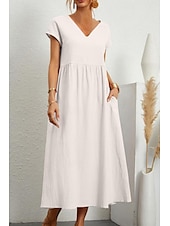economico Vestiti-Per donna Abito Midi Abiti ispirati al lino Abito in cotone e lino Essenziale Classico Moderno Vacanza Quotidiano Ferie Vestibilità regolare Semplice Manica Corta Scollo a V Nero Verde chiaro Rosa