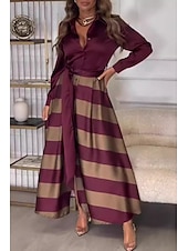 cheap Work Dresses-Women&#039;s Long Dress Maxi Dress Cocktail Dress Fashion Tea Party Going out Weekend Regular Fit Striped Long Sleeve V Neck Black Wine Summer