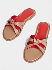 abordables Sandalias de Vestir-Sandalias planas para mujer en beige y rojo con tiras anudadas: zapatos casuales para el día a día y para citas de verano.