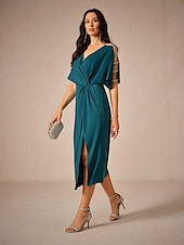 abordables Robe Simple-Femme Robe mi-longue Robe en maille Elégant mode Soirée Rendez-vous Standard Couleur unie Manche Courte Col V Bleu Encre Eté