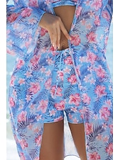 abordables Maillots de bain trois pièces-Femmes Maillots de Bain Trois Pièces Shorts Maillot de bain Tropical Tenues de plage Fleur Fil en V manche longue Maillots de bain