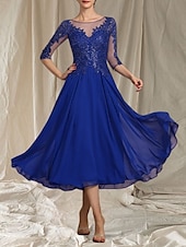 abordables Longueur du thé-Robe de mère de la mariée en A-Line pour invitée de mariage col rond élégant longueur thé chiffon tulle manches demi-longues avec perles appliqués robe midi