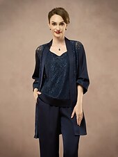 billiga Under 129,99 USD-3 -delad kostym Klänning till brudens mor Bröllopsgäst Elegant minimalist V-hals Ankellång Spets 3/4 ärm med Enfärgat 2025