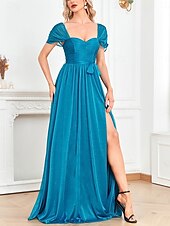 levne Večerní šaty-A-Linie Quinceanera Šaty Párty Šaty Svatební Svatební Host Podlahová Délka Krátký Rukáv Čtvercový Výstřih Polyester s Trakem