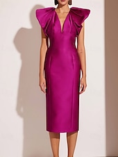 tanie Sukienki koktajlowe-Sukienki koktajlowe typu sheath/kolumna elegancka formalna sukienka ślubna tea długości midi krótki rękaw dekolt w kształcie litery V różowa sukienka satynowa z fałdami