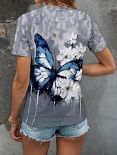 baratos Camiseta de Animais-Mulheres Camiseta Floral Gráfico Borboleta à moda Casual Manga Curta Decote Redondo Tops regulares Diário Final de semana Imprimir Azul Verão Primavera