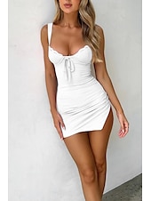 economico Abiti di Laurea-Per donna Mini Abito Abito Bianco Abito da laurea Abito in Pizzo Abito Sottoveste Moda Moderno Compleanno Laurea Data Vestibilità regolare Semplice Senza Maniche Spalline sottili Giallo Chiaro Bianco