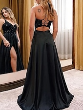 cheap BLACK-A-Line Evening Gown Glittering Dress Prom Birthday Sweep / Brush Train Sleeveless V Neck Sequined Crisscross Back with Glitter Beading Sequin