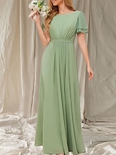 baratos Vestidos para Madrinhas-Vestido de dama de honra em linha A, gola redonda, manga curta, elegante, comprimento até o chão, chiffon com faixa / fita / franzido 2025